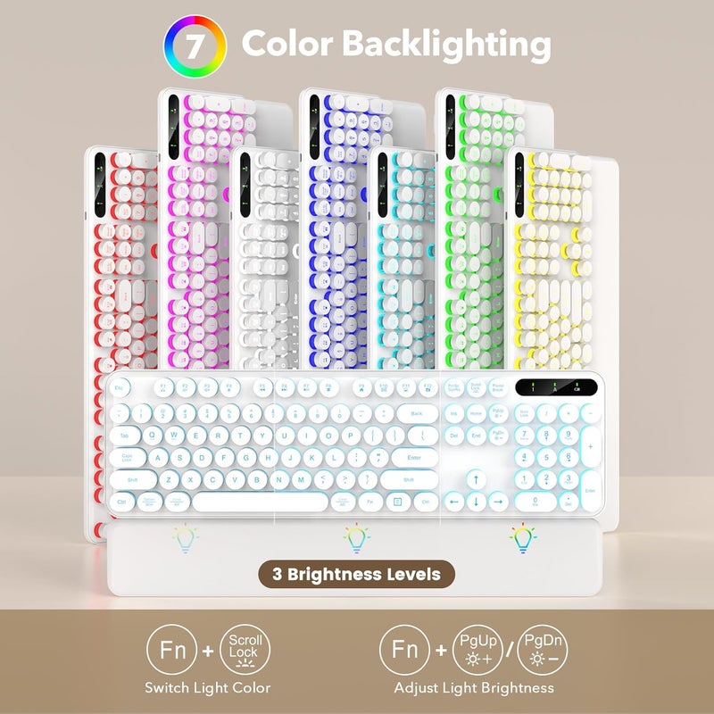 SABLUTE Wireless Keyboard and Mouse Combo, Backlit Round Keycaps, Retro Typewriter Keyboard with Detachable Wrist Rest, Rechargeable & Tilt Legs, 2.4GHz Cordless Connection for Windows/PC (Glowing White) - Image 2